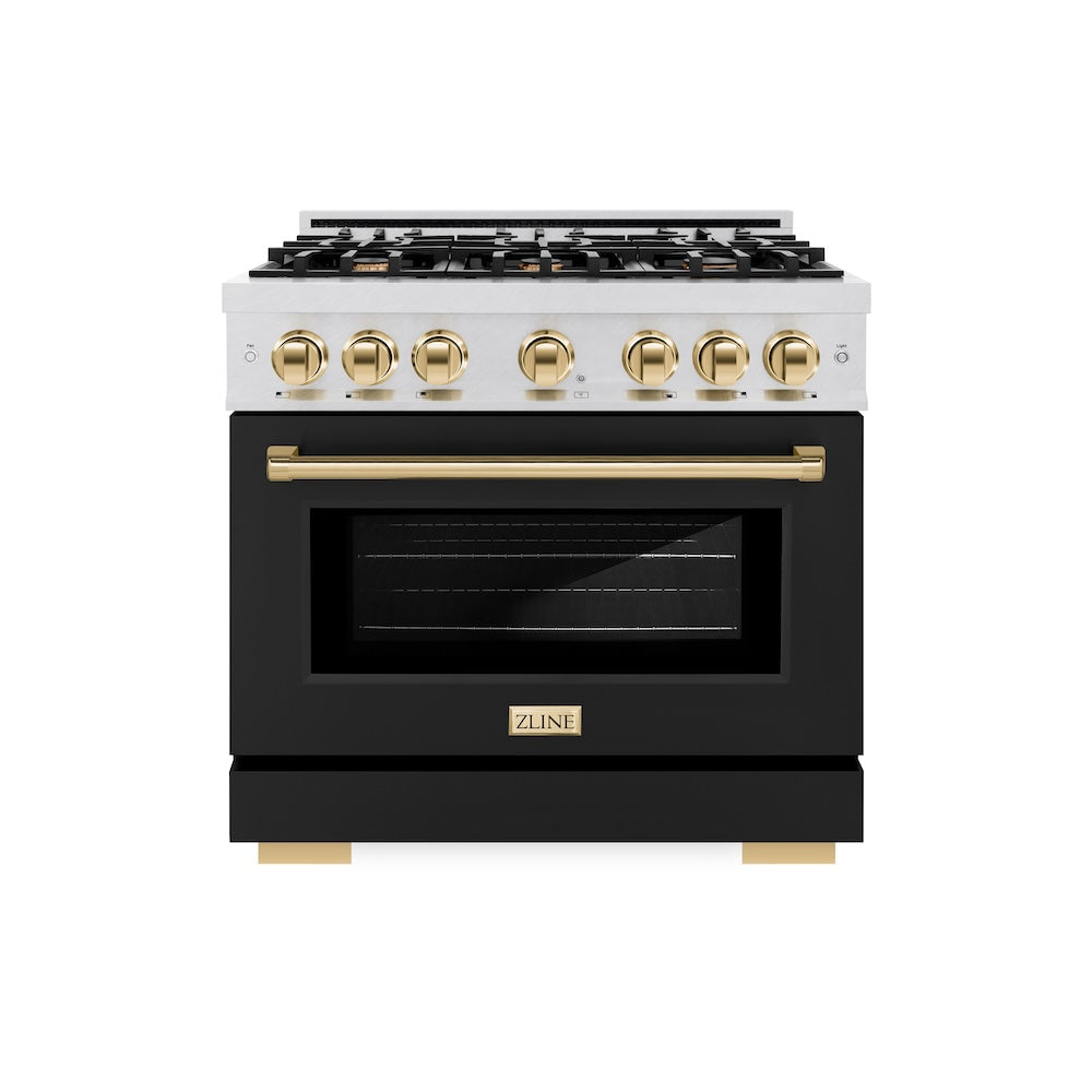 ZLINE Autograph Edition 36 in. 5.2 cu. ft. Select Dual Fuel Range with 6 Burner Gas Cooktop and Electric Convection Oven in DuraSnow® Stainless Steel with Black Matte Door and Polished Gold Accents (HDRSZ-BLM-36-G) - (HDRSZBLM36G) -