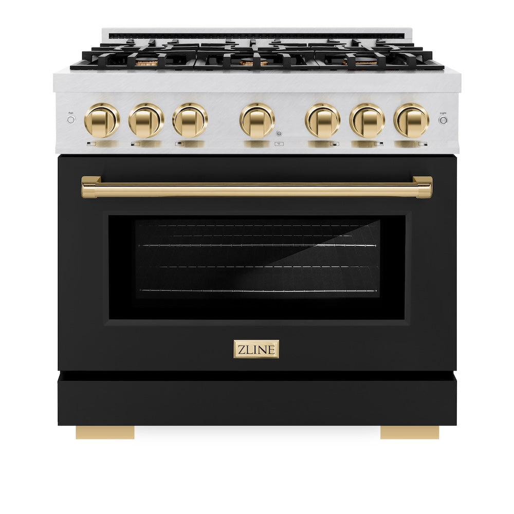 ZLINE Autograph Edition 36 in. 5.2 cu. ft. Select Dual Fuel Range with 6 Burner Gas Cooktop and Electric Convection Oven in DuraSnow® Stainless Steel with Black Matte Door and Polished Gold Accents (HDRSZ-BLM-36-G) - (HDRSZBLM36G) -