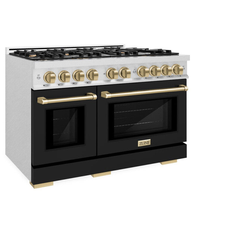 ZLINE Autograph Edition 48 in. 6.7 cu. ft. Select Double Oven Dual Fuel Range with 8 Burner Gas Cooktop in DuraSnow® Stainless Steel with Black Matte Doors and Champagne Bronze Accents (HDRSZ-BLM-48-CB) - (HDRSZBLM48CB) -