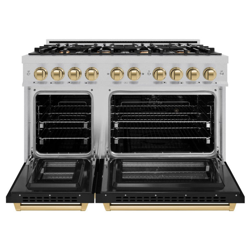 ZLINE Autograph Edition 48 in. 6.7 cu. ft. Select Double Oven Dual Fuel Range with 8 Burner Gas Cooktop in DuraSnow® Stainless Steel with Black Matte Doors and Champagne Bronze Accents (HDRSZ-BLM-48-CB) - (HDRSZBLM48CB) -