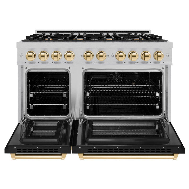 ZLINE Autograph Edition 48 in. 6.7 cu. ft. Select Double Oven Dual Fuel Range with 8 Burner Gas Cooktop in DuraSnow® Stainless Steel with Black Matte Doors and Polished Gold Accents (HDRSZ-BLM-48-G) - (HDRSZBLM48G) -