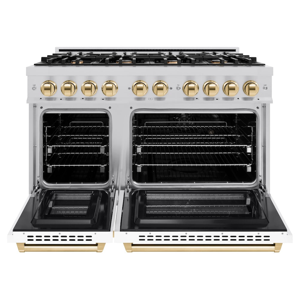 ZLINE Autograph Edition 48 in. 6.7 cu. ft. Select Double Oven Dual Fuel Range with 8 Burner Gas Cooktop in DuraSnow® Stainless Steel with White Matte Doors and Polished Gold Accents (HDRSZ-WM-48-G) - (HDRSZWM48G) -