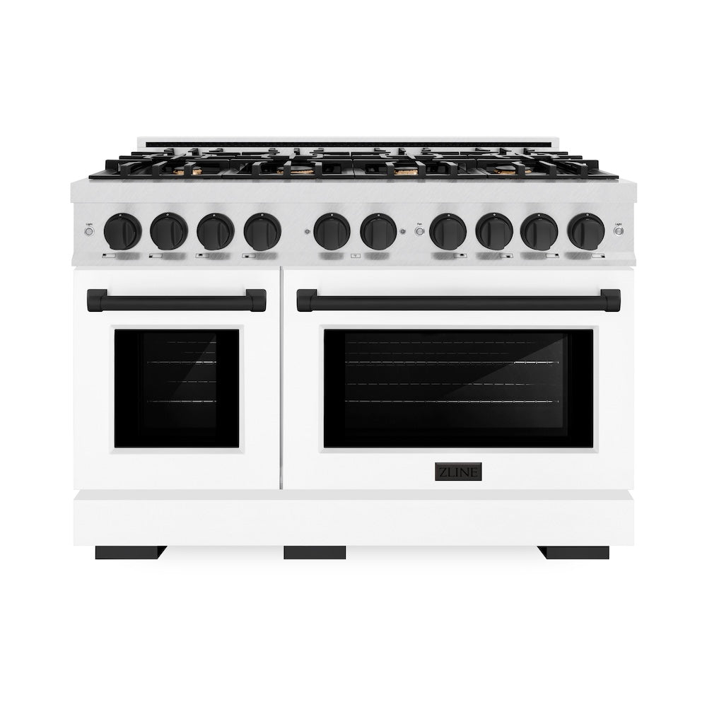 ZLINE Autograph Edition 48 in. 6.7 cu. ft. Select Double Oven Dual Fuel Range with 8 Burner Gas Cooktop in DuraSnow® Stainless Steel with White Matte Doors and Matte Black Accents (HDRSZ-WM-48-MB) - (HDRSZWM48MB) -