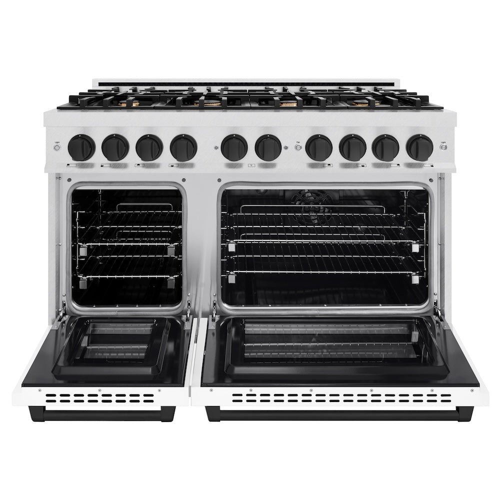 ZLINE Autograph Edition 48 in. 6.7 cu. ft. Select Double Oven Dual Fuel Range with 8 Burner Gas Cooktop in DuraSnow® Stainless Steel with White Matte Doors and Matte Black Accents (HDRSZ-WM-48-MB) - (HDRSZWM48MB) -