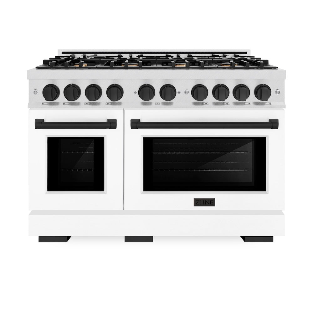 ZLINE Autograph Edition 48 in. 6.7 cu. ft. Select Double Oven Dual Fuel Range with 8 Burner Gas Cooktop in DuraSnow® Stainless Steel with White Matte Doors and Matte Black Accents (HDRSZ-WM-48-MB) - (HDRSZWM48MB) -