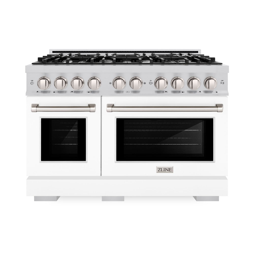 ZLINE 48 in. 6.7 cu. ft. Select Double Oven Dual Fuel Range with 8 Burner Gas Cooktop in Stainless Steel with White Matte Doors (HDR-WM-48) - (HDRWM48) -