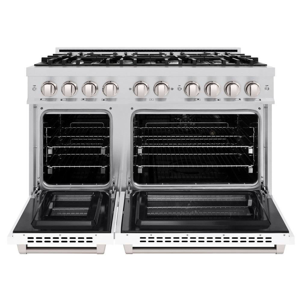 ZLINE 48 in. 6.7 cu. ft. Select Double Oven Dual Fuel Range with 8 Burner Gas Cooktop in Stainless Steel with White Matte Doors (HDR-WM-48) - (HDRWM48) -