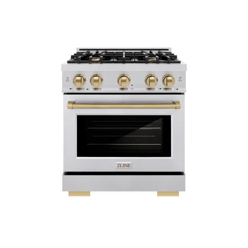 ZLINE Autograph Edition 30 in. 4.2 cu. ft. Select Dual Fuel Range with 4 Burner Gas Cooktop and Electric Convection Oven in Stainless Steel with Champagne Bronze Accents (HDRZ-30-CB) - (HDRZ30CB) -