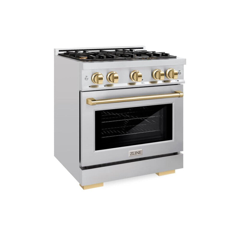 ZLINE Autograph Edition 30 in. 4.2 cu. ft. Select Dual Fuel Range with 4 Burner Gas Cooktop and Electric Convection Oven in Stainless Steel with Polished Gold Accents (HDRZ-30-G) - (HDRZ30G) -