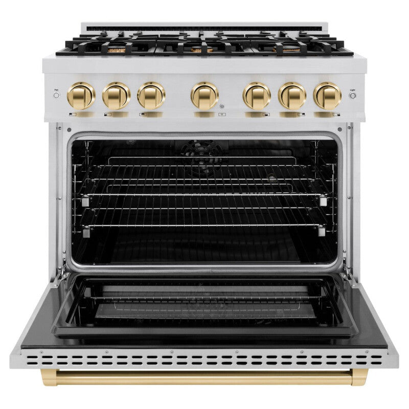 ZLINE Autograph Edition 36 in. 5.2 cu. ft. Select Dual Fuel Range with 6 Burner Gas Cooktop and Electric Convection Oven in Stainless Steel with Polished Gold Accents (HDRZ-36-G) - (HDRZ36G) -