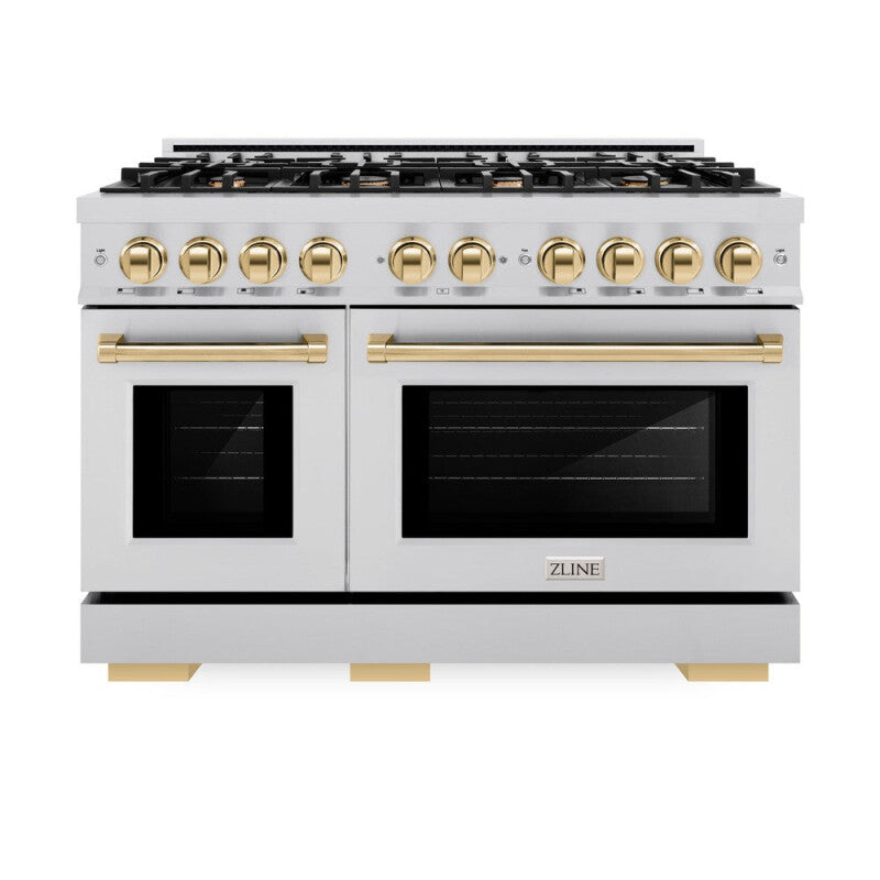 ZLINE Autograph Edition 48 in. 6.7 cu. ft. Select Double Oven Dual Fuel Range with 8 Burner Gas Cooktop in Stainless Steel and Polished Gold Accents (HDRZ-48-G) - (HDRZ48G) -