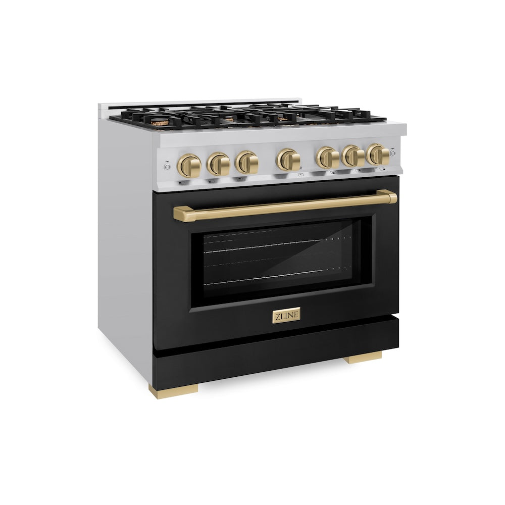 ZLINE Autograph Edition 36 in. 5.2 cu. ft. Select Dual Fuel Range with 6 Burner Gas Cooktop and Electric Convection Oven in Stainless Steel with Black Matte Door and Champagne Bronze Accents (HDRZ-BLM-36-CB) - (HDRZBLM36CB) -