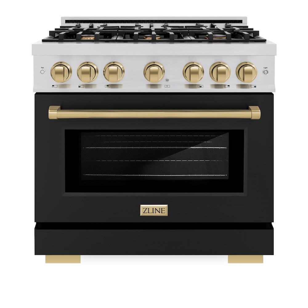 ZLINE Autograph Edition 36 in. 5.2 cu. ft. Select Dual Fuel Range with 6 Burner Gas Cooktop and Electric Convection Oven in Stainless Steel with Black Matte Door and Champagne Bronze Accents (HDRZ-BLM-36-CB) - (HDRZBLM36CB) -