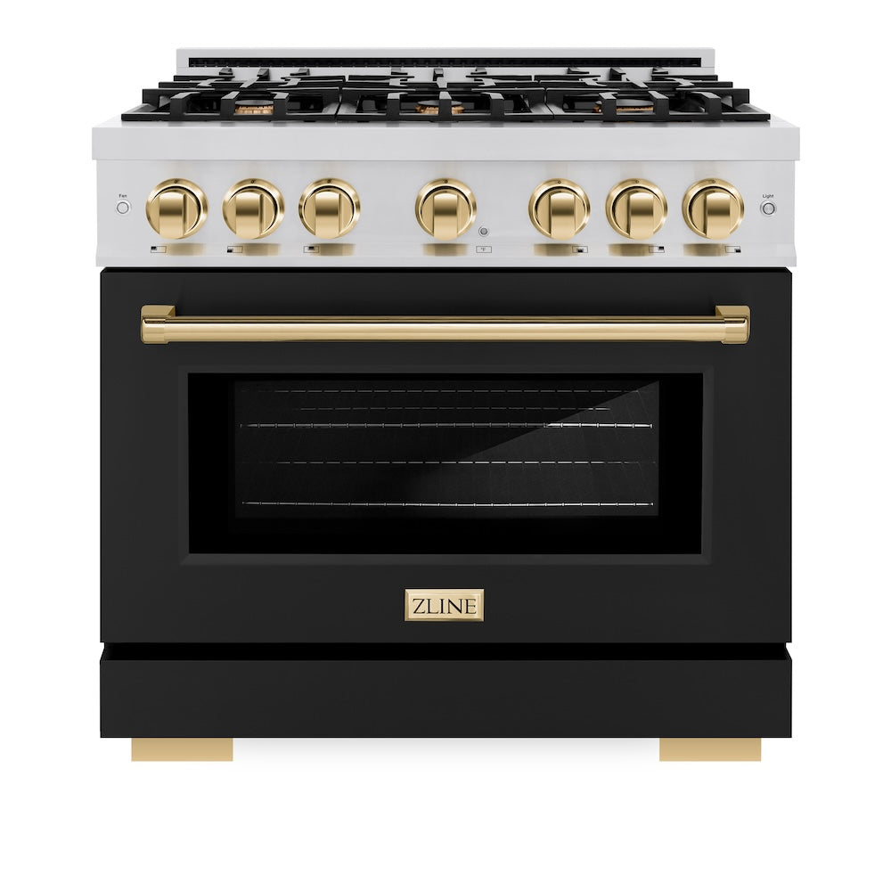 ZLINE Autograph Edition 36 in. 5.2 cu. ft. Select Dual Fuel Range with 6 Burner Gas Cooktop and Electric Convection Oven in Stainless Steel with Black Matte Door and Polished Gold Accents (HDRZ-BLM-36-G) - (HDRZBLM36G) -