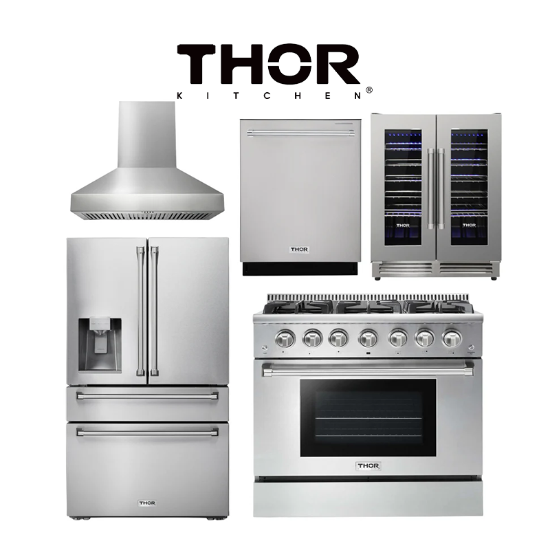 THOR Kitchen Package - 36" Gas Range, Range Hood, Refrigerator with Water and Ice Dispenser, Dishwasher, Wine Cooler, AP-HRG3618U-W-8