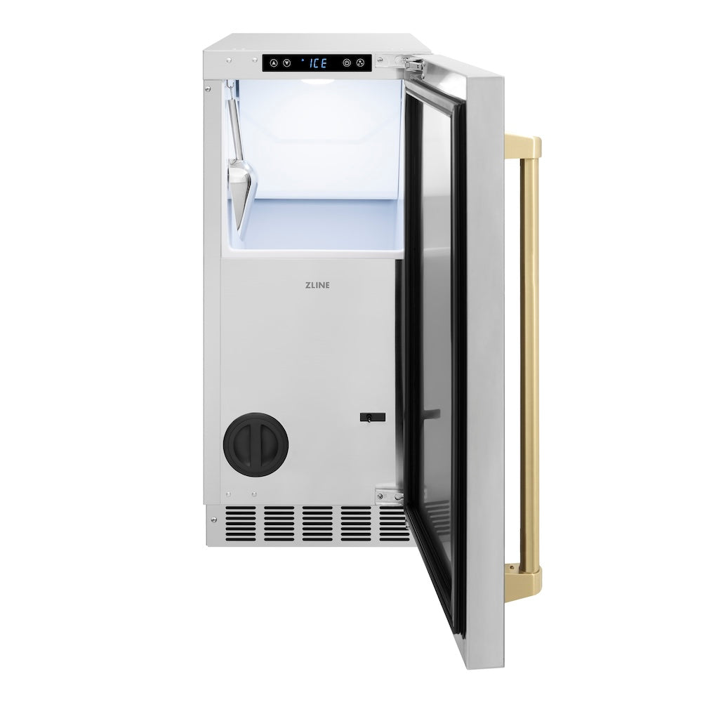 ZLINE Autograph Edition 15 in. Touchstone Clear Cube Ice Maker with Drain Pump and Solid Stainless Steel Door with Champagne Bronze Handle (ICCDZ-ST-15-CB) - (ICCDZST15CB) -