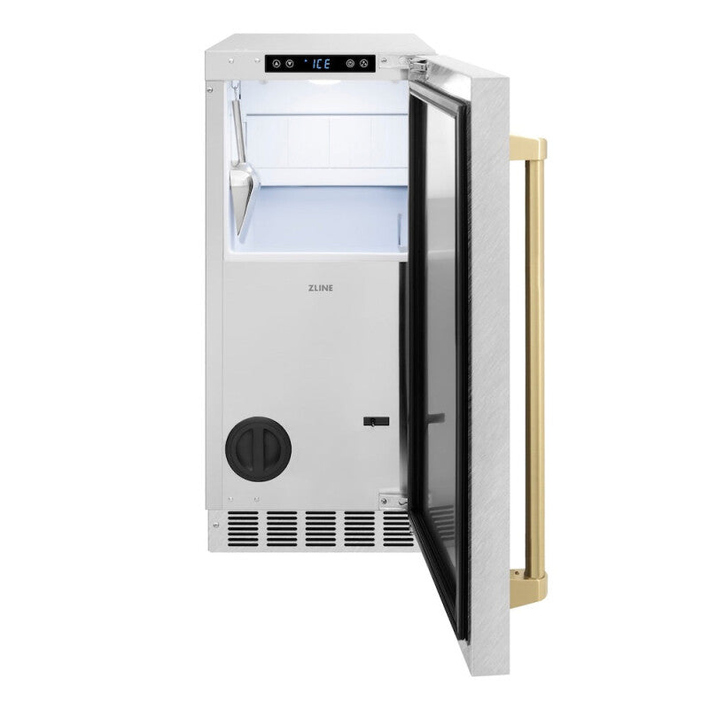 ZLINE Autograph Edition 15 in. Touchstone Gourmet Ice Maker with Drain Pump and Satin Stainless Steel Door with Champagne Bronze Handle (IGMDZ-SN-15-CB) - (IGMDZSN15CB) -