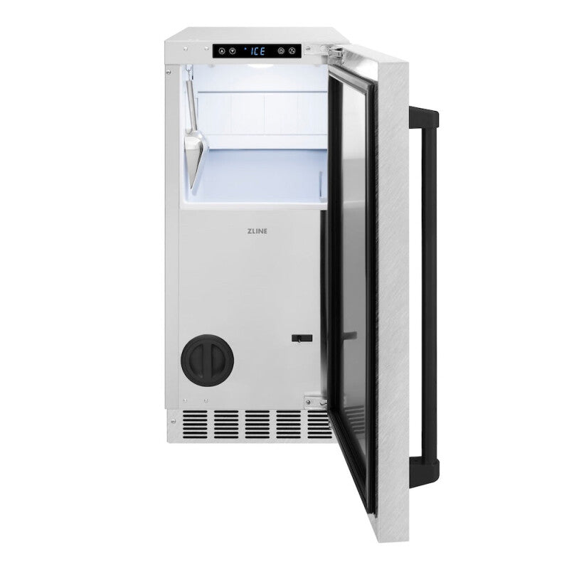 ZLINE Autograph Edition 15 in. Touchstone Gourmet Ice Maker with Drain Pump and Satin Stainless Steel Door with Matte Black Handle (IGMDZ-SN-15-MB) - (IGMDZSN15MB) -