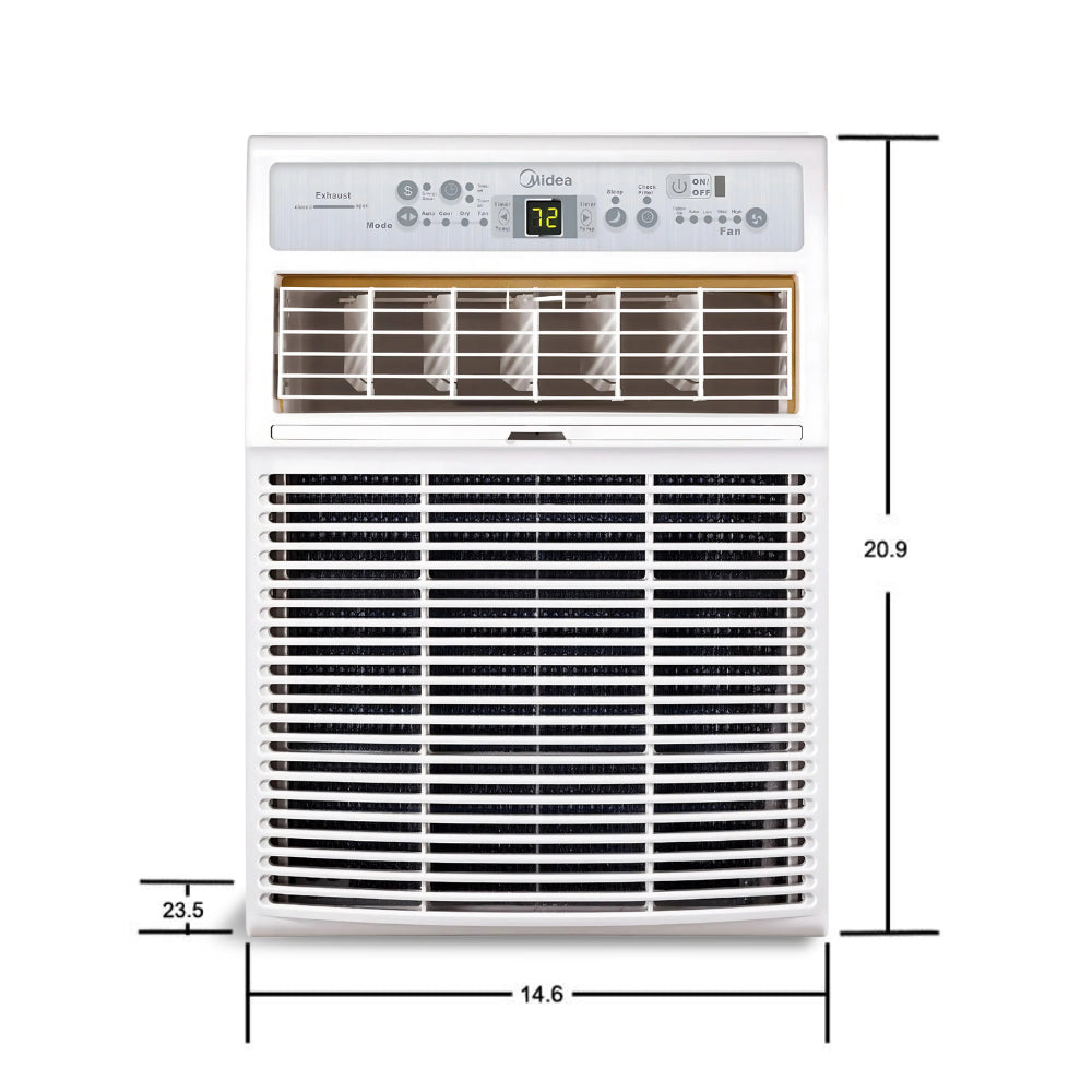 Midea 10,000 BTU Casement Window Air Conditioner front view with product dimensions.