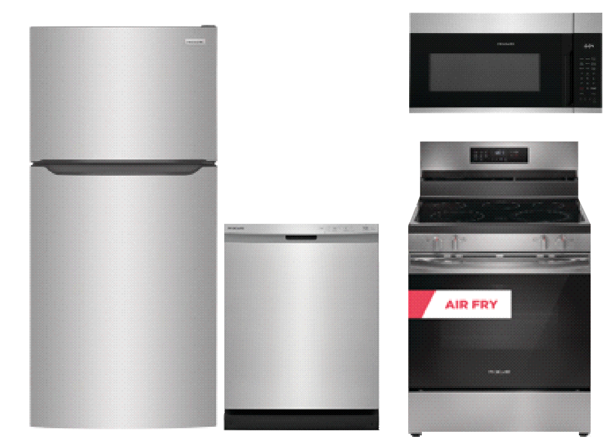 Frigidaire 24" Built-In Dishwasher WITH Frigidaire 18.3 Cu. Ft. Top Freezer Refrigerator WITH Frigidaire 30" Electric Range with Air Fry AND Frigidaire 1.8 Cu. Ft. Over-The-Range Microwave