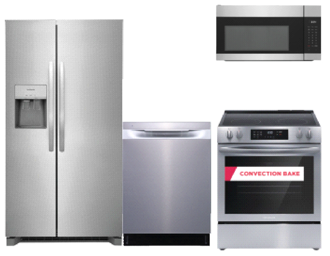 Frigidaire 24" Hybrid Tub Dishwasher WITH Frigidaire 25.6 Cu. Ft. 36" Standard Depth Side by Side Refrigerator WITH Frigidaire 30" Front Control Electric Range AND Frigidaire 1.7 Cu. Ft. Over-The-Range Microwave