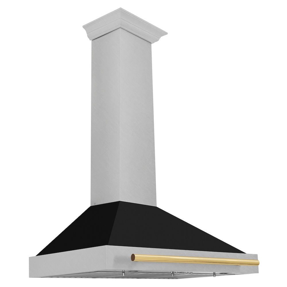 36in. Autograph Edition Convertible Fingerprint Resistant DuraSnow Stainless Steel Range Hood with Black Matte Shell and Polished Gold Handle - (KB4SNZBLM36G) -