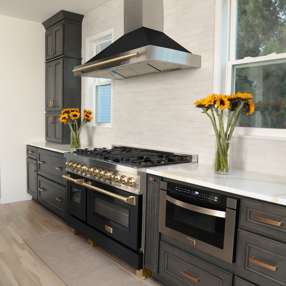 48in. Autograph Edition Convertible Fingerprint Resistant DuraSnow Stainless Steel Range Hood with Black Matte Shell and Champagne Bronze Handle - (KB4SNZBLM48CB) -