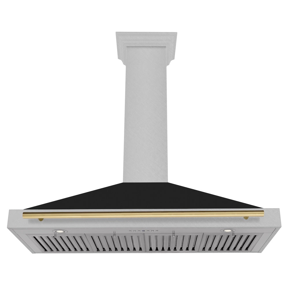 48in. Autograph Edition Convertible Fingerprint Resistant DuraSnow Stainless Steel Range Hood with Black Matte Shell and Polished Gold Handle - (KB4SNZBLM48G) -
