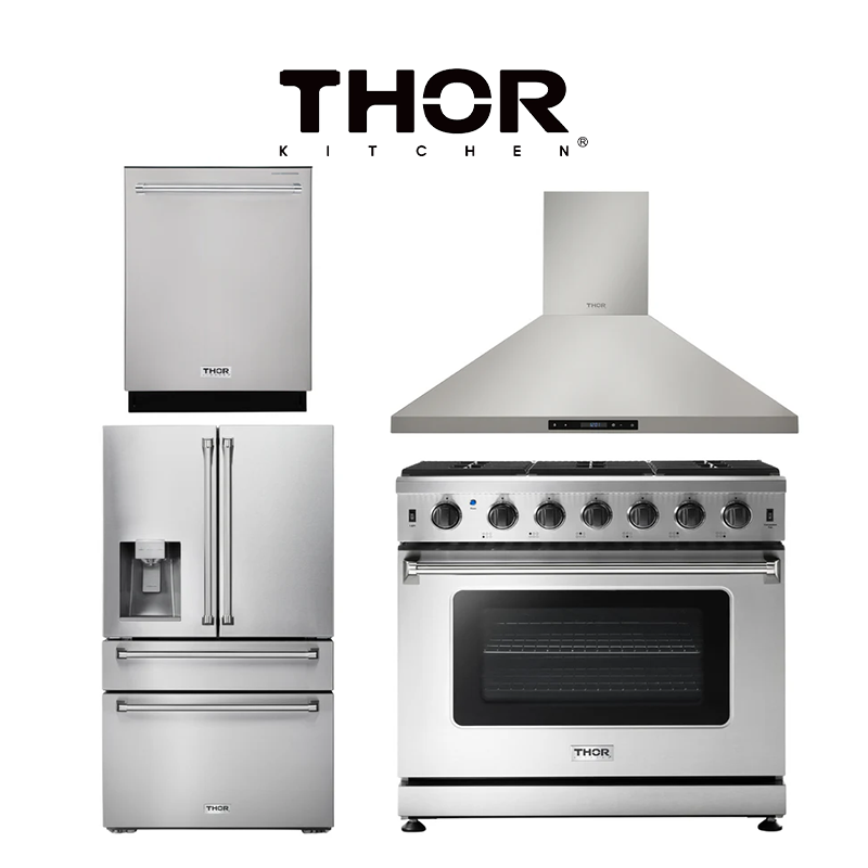 THOR Kitchen Package - 36" Gas Range, Range Hood, Refrigerator with Water and Ice Dispenser, Dishwasher, AP-LRG3601U-10
