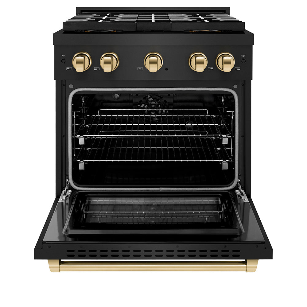 ZLINE Autograph Edition 30 in. 4.2 cu. ft. Paramount Dual Fuel Range with 4 Burner DuoPro™ Cooktop and Electric Convection Oven in Black Stainless Steel and Polished Gold Accents (PSDRBZ-30-G) - (PSDRBZ30G) -