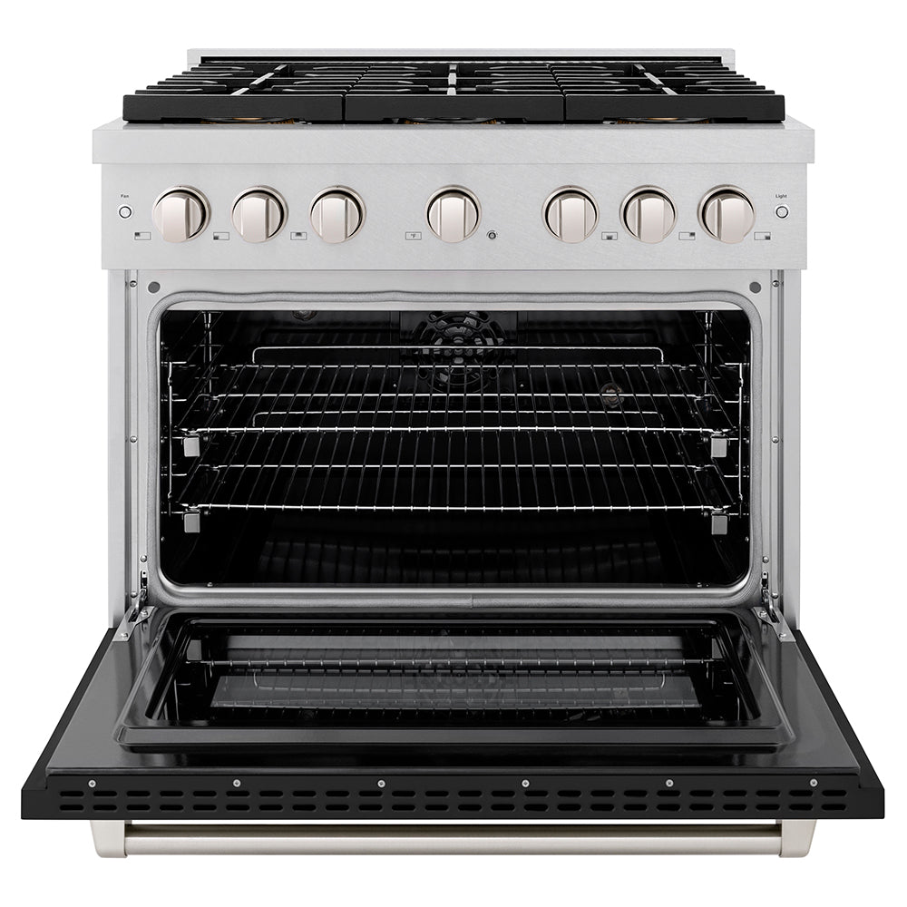 ZLINE 36 in. 5.2 cu. ft. Paramount Dual Fuel Range with 6 Burner DuoPro™ Cooktop and Electric Convection Oven in Satin Stainless Steel with Black Matte Door (PSDRS-BLM-36) - (PSDRSBLM36) -