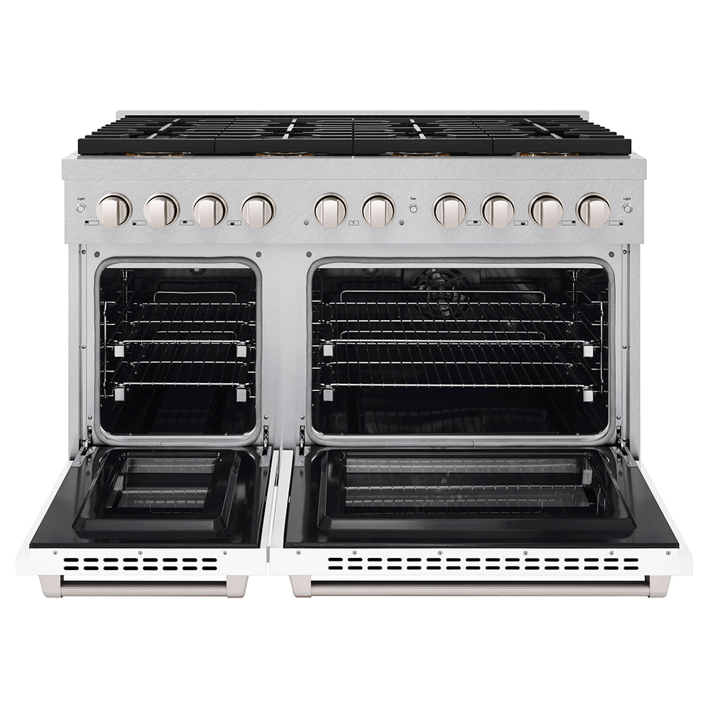 ZLINE 48 in. 6.7 cu. ft. Paramount Dual Fuel Range with 8 Burner DuoPro™ Cooktop and Dual Ovens in Satin Stainless Steel with White Matte Doors (PSDRS-WM-48) - (PSDRSWM48) -