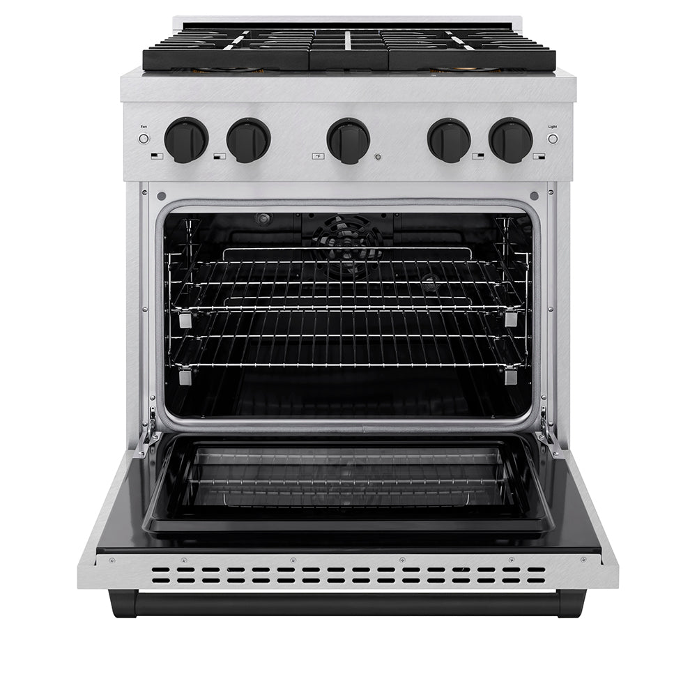 ZLINE Autograph Edition 30 in. 4.2 cu. ft. Paramount Dual Fuel Range with 4 Burner DuoPro™ Cooktop and Electric Convection Oven in Satin Stainless Steel and Matte Black Accents (PSDRSZ-30-MB) - (PSDRSZ30MB) -