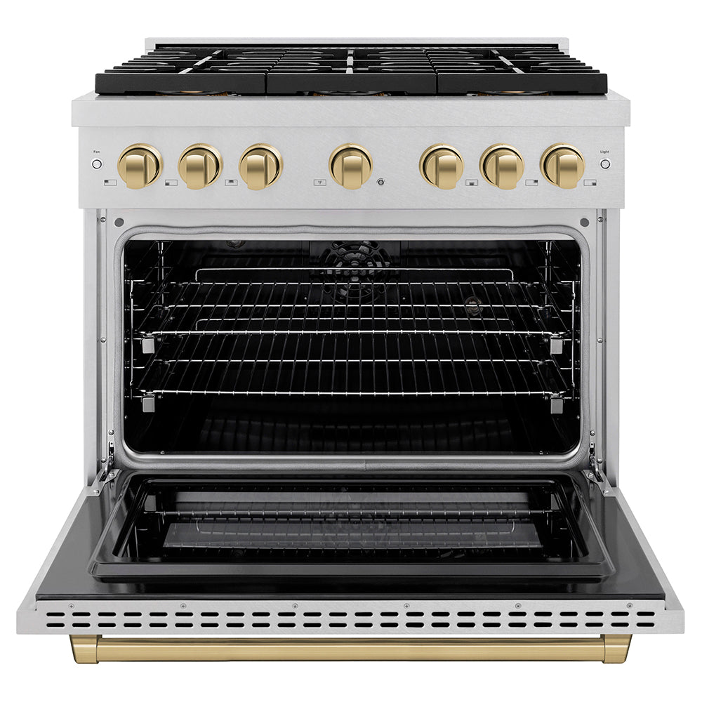 ZLINE Autograph Edition 36 in. 5.2 cu. ft. Paramount Dual Fuel Range with 6 Burner DuoPro™ Cooktop and Electric Convection Oven in Satin Stainless Steel and Champagne Bronze Accents (PSDRSZ-36-CB) - (PSDRSZ36CB) -