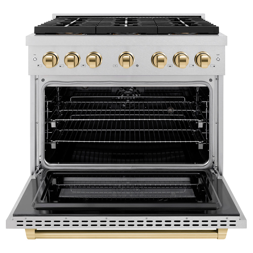 ZLINE Autograph Edition 36 in. 5.2 cu. ft. Paramount Dual Fuel Range with 6 Burner DuoPro™ Cooktop and Electric Convection Oven in Satin Stainless Steel and Polished Gold Accents (PSDRSZ-36-G) - (PSDRSZ36G) -