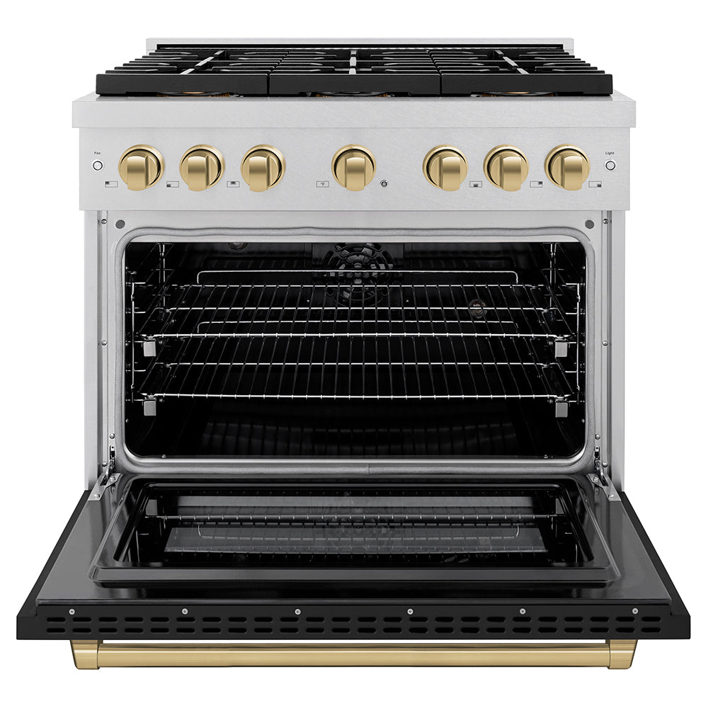 ZLINE Autograph Edition 36 in. 5.2 cu. ft. Paramount Dual Fuel Range with 6 Burner DuoPro™ Cooktop and Electric Convection Oven in Satin Stainless Steel with Black Matte Door and Champagne Bronze Accents (PSDRSZ-BLM36-CB) - (PSDRSZBLM36CB) -