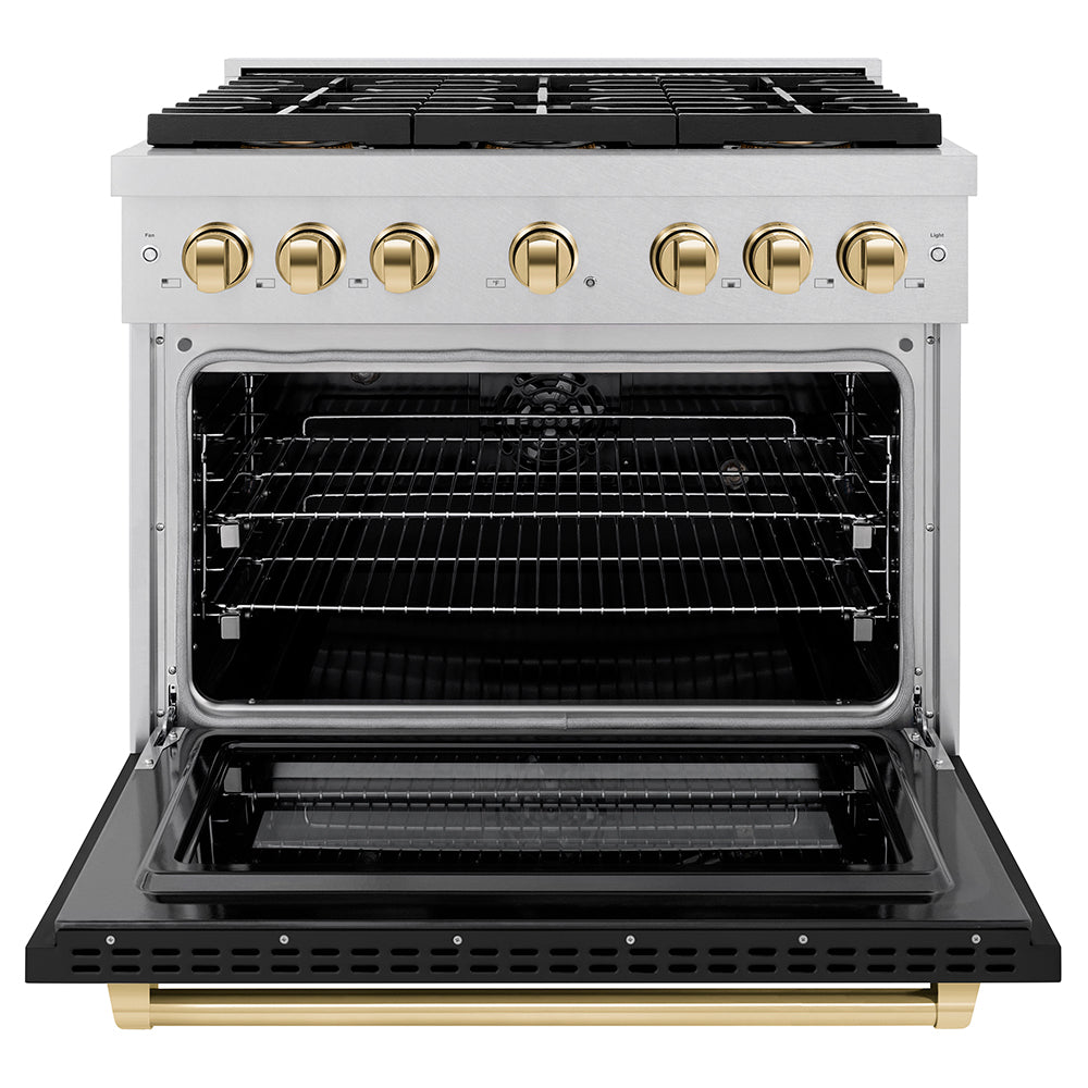 ZLINE Autograph Edition 36 in. 5.2 cu. ft. Paramount Dual Fuel Range with 6 Burner DuoPro™ Cooktop and Electric Convection Oven in Satin Stainless Steel with Black Matte Door and Polished Gold Accents (PSDRSZ-BLM36-G) - (PSDRSZBLM36G) -