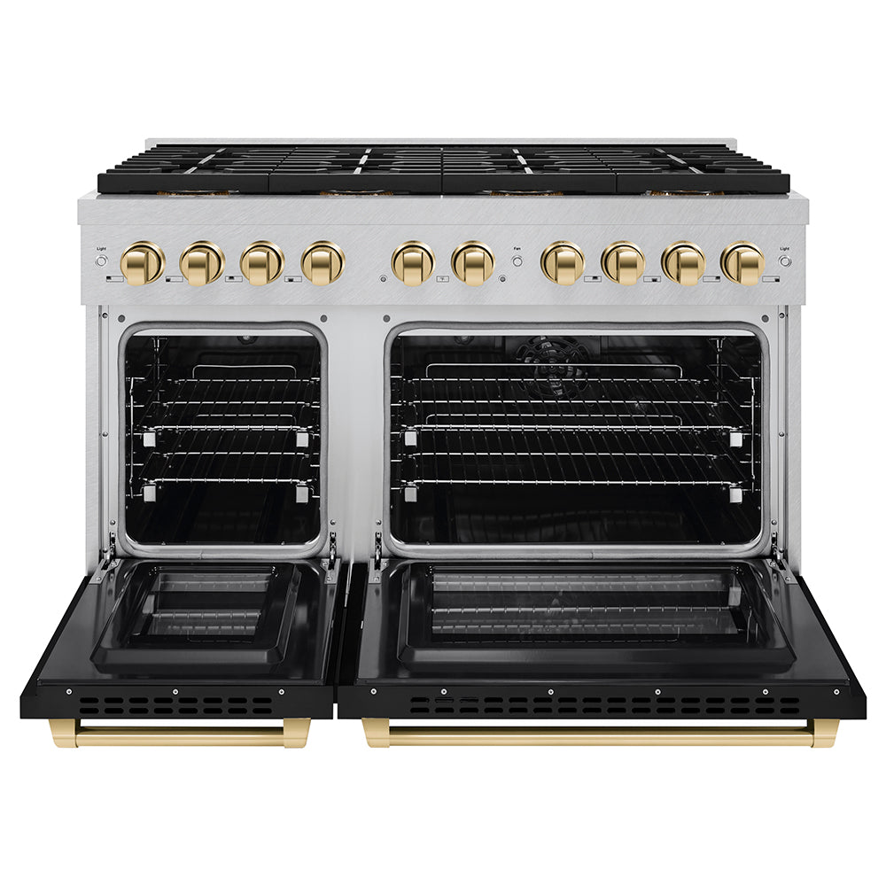 ZLINE Autograph Edition 48 in. 6.7 cu. ft. Paramount Dual Fuel Range with 8 Burner DuoPro™ Cooktop and Dual Ovens in Satin Stainless Steel with Black Matte Doors and Polished Gold Accents (PSDRSZ-BLM48-G) - (PSDRSZBLM48G) -