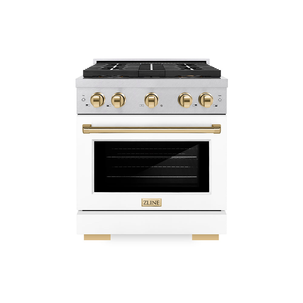 ZLINE Autograph Edition 30 in. 4.2 cu. ft. Paramount Dual Fuel Range with 4 Burner DuoPro™ Cooktop and Electric Convection Oven in Satin Stainless Steel with White Matte Door and Polished Gold Accents (PSDRSZ-WM-30-G) - (PSDRSZWM30G) -