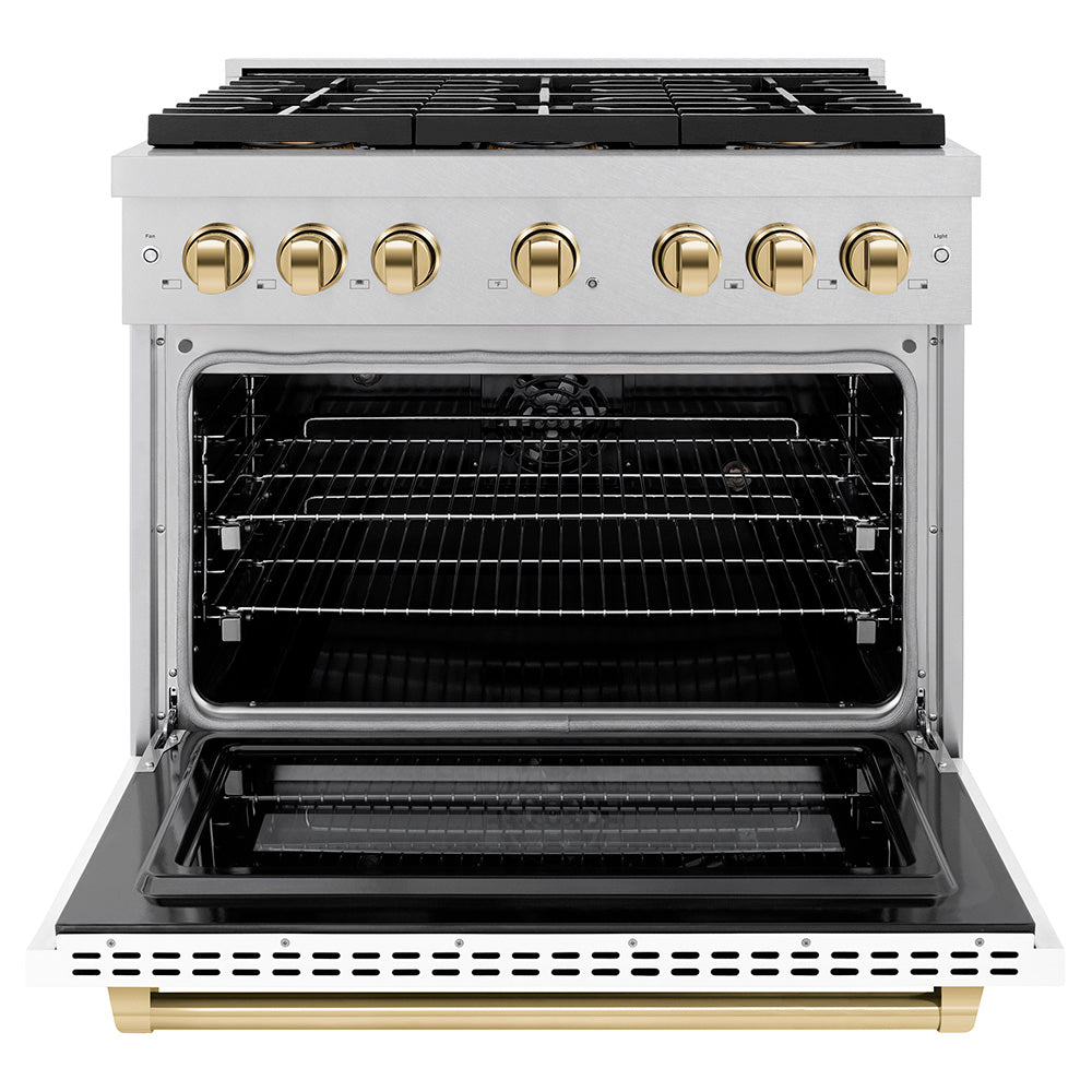 ZLINE Autograph Edition 36 in. 5.2 cu. ft. Paramount Dual Fuel Range with 6 Burner DuoPro™ Cooktop and Electric Convection Oven in Satin Stainless Steel with White Matte Door and Polished Gold Accents (PSDRSZ-WM-36-G) - (PSDRSZWM36G) -