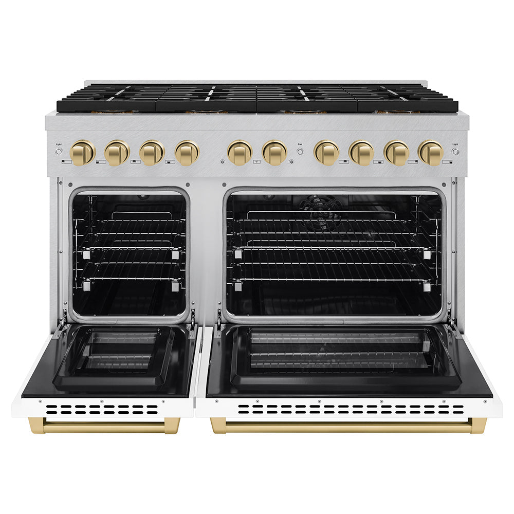 ZLINE Autograph Edition 48 in. 6.7 cu. ft. Paramount Dual Fuel Range with 8 Burner DuoPro™ Cooktop and Dual Ovens in Satin Stainless Steel with White Matte Doors and Champagne Bronze Accents (PSDRSZ-WM-48-CB) - (PSDRSZWM48CB) -