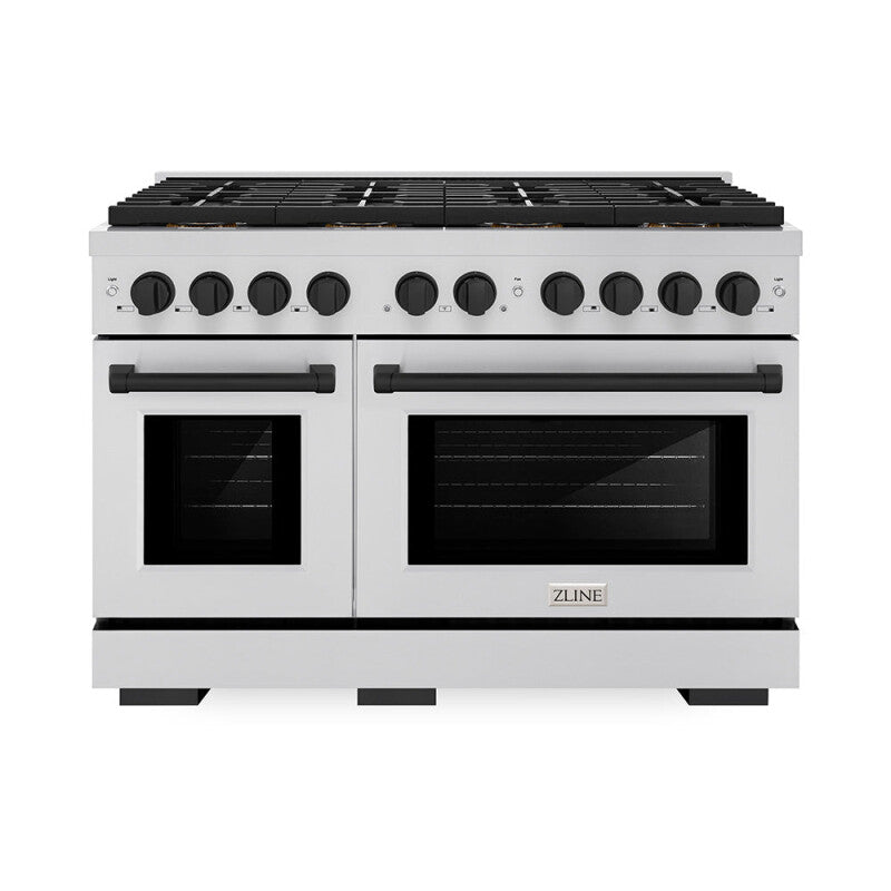 ZLINE Autograph Edition 48 in. 6.7 cu. ft. Paramount Dual Fuel Range with 8 Burner DuoPro™ Cooktop and Dual Ovens in Stainless Steel and Matte Black Accents (PSDRZ-48-MB) - (PSDRZ48MB) -