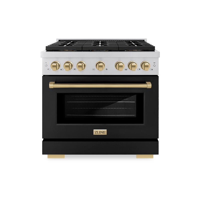 ZLINE Autograph Edition 36 in. 5.2 cu. ft. Paramount Dual Fuel Range with 6 Burner DuoPro™ Cooktop and Electric Convection Oven with Black Matte Door and Champagne Bronze Accents (PSDRZ-BLM-36-CB) - (PSDRZBLM36CB) -