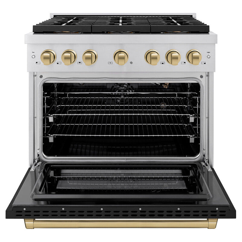ZLINE Autograph Edition 36 in. 5.2 cu. ft. Paramount Dual Fuel Range with 6 Burner DuoPro™ Cooktop and Electric Convection Oven with Black Matte Door and Champagne Bronze Accents (PSDRZ-BLM-36-CB) - (PSDRZBLM36CB) -