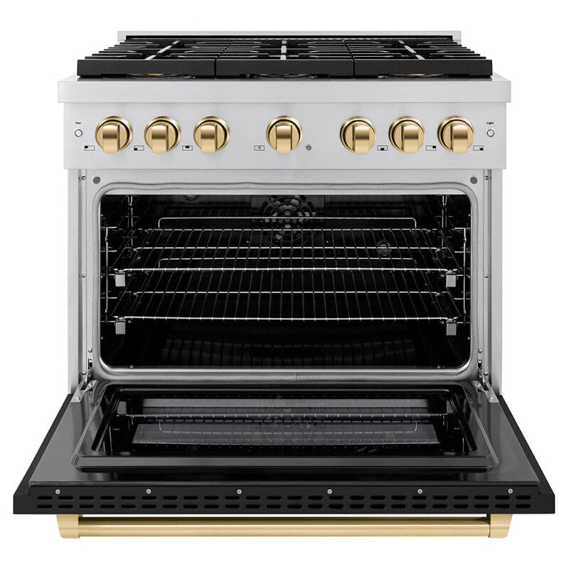 ZLINE Autograph Edition 36 in. 5.2 cu. ft. Paramount Dual Fuel Range with 6 Burner DuoPro™ Cooktop and Electric Convection Oven with Black Matte Door and Polished Gold Accents (PSDRZ-BLM-36-G) - (PSDRZBLM36G) -