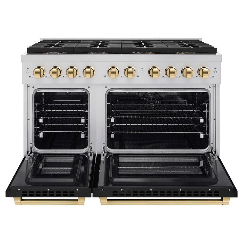 ZLINE Autograph Edition 48 in. 6.7 cu. ft. Paramount Dual Fuel Range with 8 Burner DuoPro™ Cooktop and Dual Ovens with Black Matte Doors and Polished Gold Accents (PSDRZ-BLM-48-G) - (PSDRZBLM48G) -