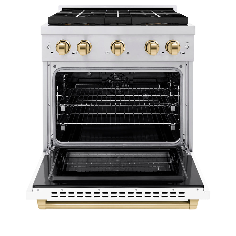ZLINE Autograph Edition 30 in. 4.2 cu. ft. Paramount Dual Fuel Range with 4 Burner DuoPro™ Cooktop and Electric Convection Oven in Stainless Steel with White Matte Door and Polished Gold Accents (PSDRZ-WM-30-G) - (PSDRZWM30G) -