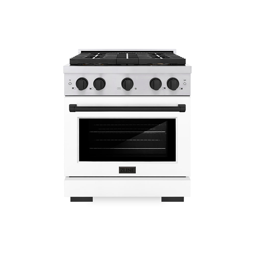 ZLINE Autograph Edition 30 in. 4.2 cu. ft. Paramount Dual Fuel Range with 4 Burner DuoPro™ Cooktop and Electric Convection Oven in Stainless Steel with White Matte Door and Matte Black Accents (PSDRZ-WM-30-MB) - (PSDRZWM30MB) -