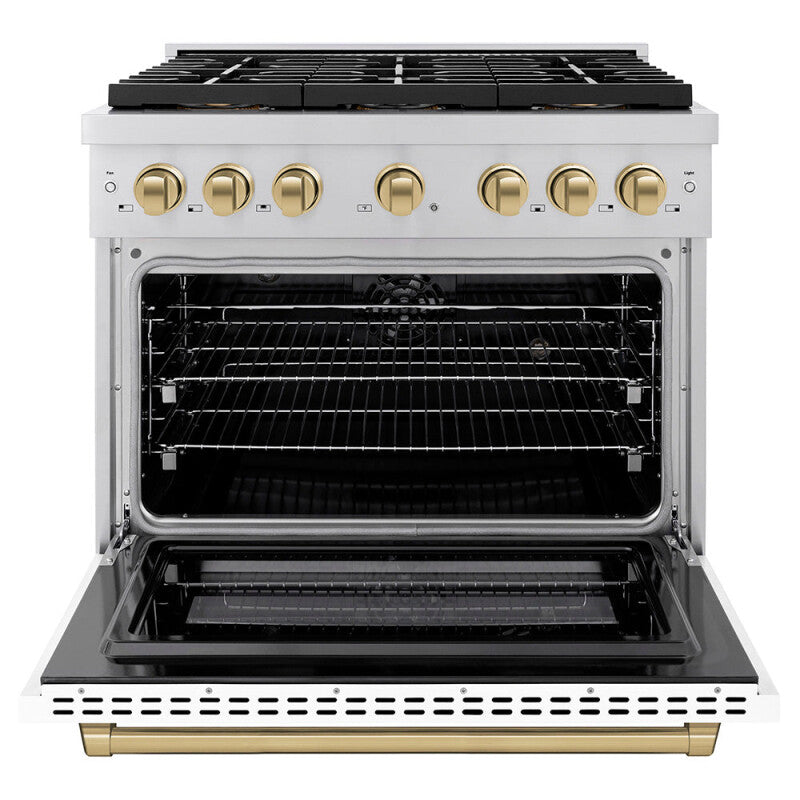 ZLINE Autograph Edition 36 in. 5.2 cu. ft. Paramount Dual Fuel Range with 6 Burner DuoPro™ Cooktop and Electric Convection Oven with White Matte Door and Champagne Bronze Accents (PSDRZ-WM-36-CB) - (PSDRZWM36CB) -
