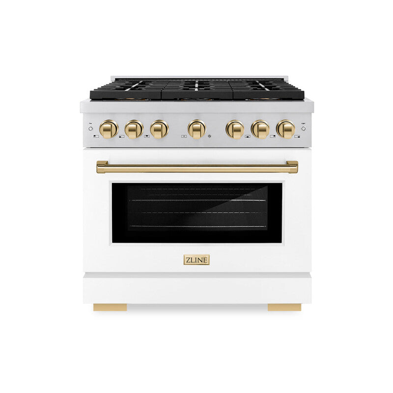 ZLINE Autograph Edition 36 in. 5.2 cu. ft. Paramount Dual Fuel Range with 6 Burner DuoPro™ Cooktop and Electric Convection Oven with White Matte Door and Polished Gold Accents (PSDRZ-WM-36-G) - (PSDRZWM36G) -